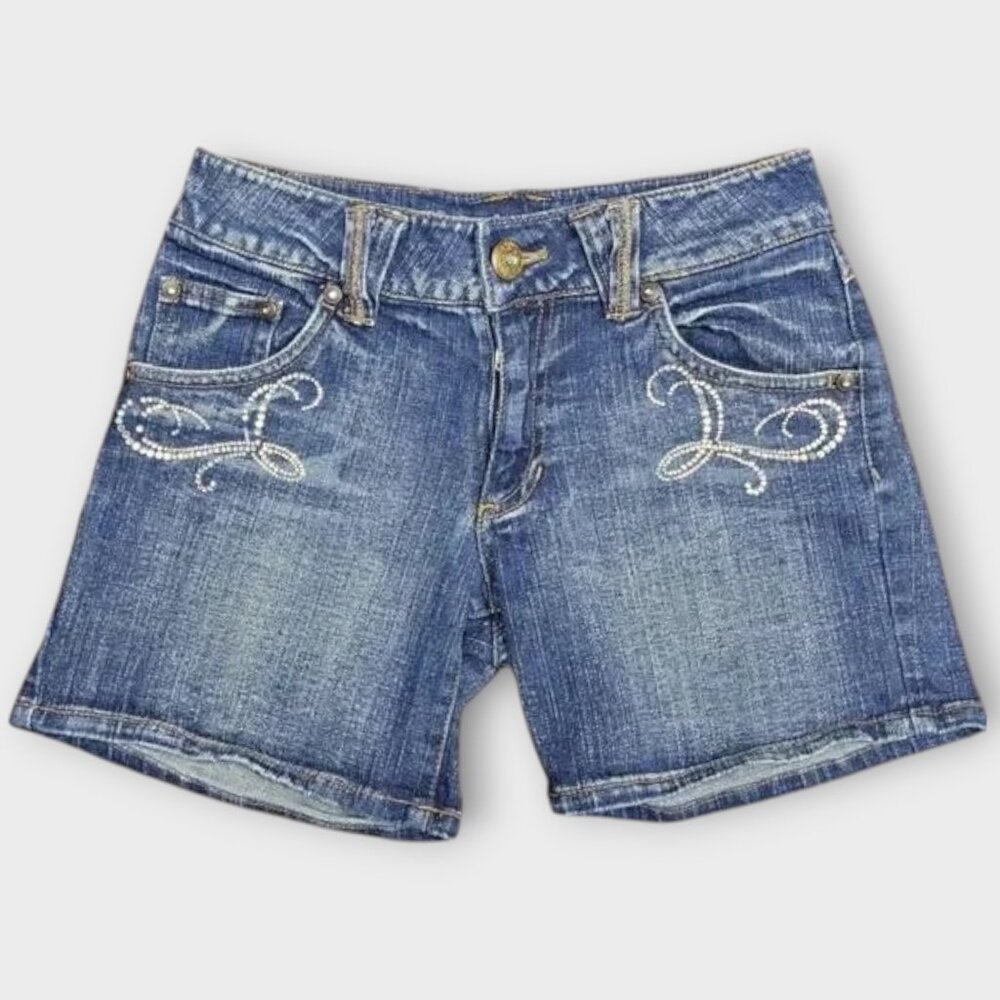Pink-Latte Girls M Bling Denim Shorts Medium Wash Blue Stretch